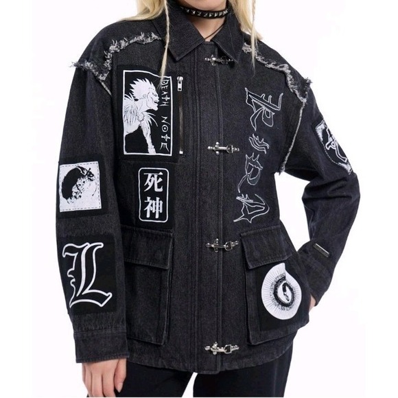 NEW Death Note Patches Cargo Womens LG Denim Black Jacket Dark Academia Gothic